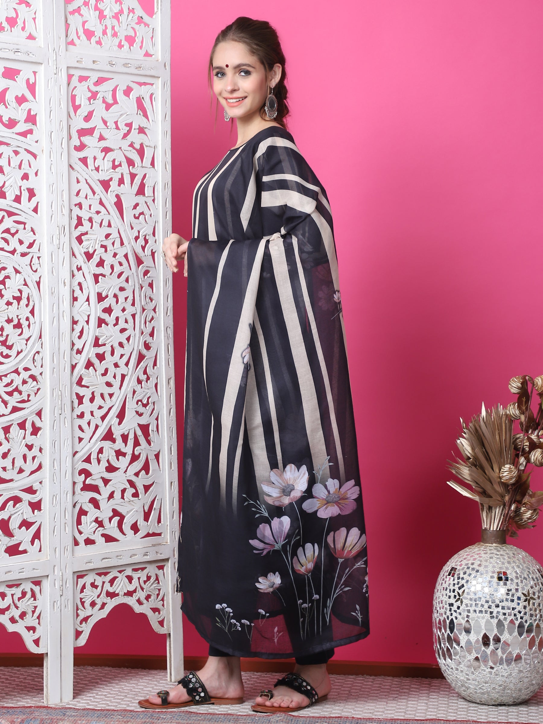 Jyoti Fashion Women's Black Cotton Geometric Digital Print with Jari & Crystal Kurta with Trouser & Dupatta - Distacart