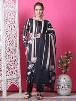 Thumbnail for Jyoti Fashion Women's Black Cotton Geometric Digital Print with Jari & Crystal Kurta with Trouser & Dupatta - Distacart