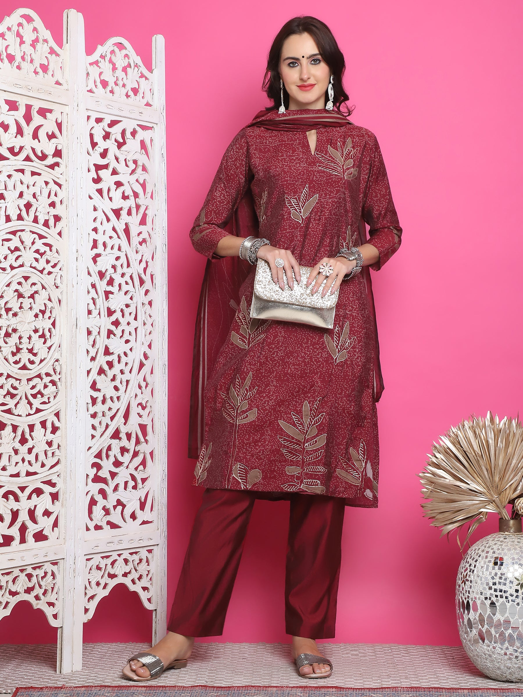 Jyoti Fashion Women's Maroon Muslin Floral Print with Jari & Crystal work Kurta with Trouser & Dupatta - Distacart