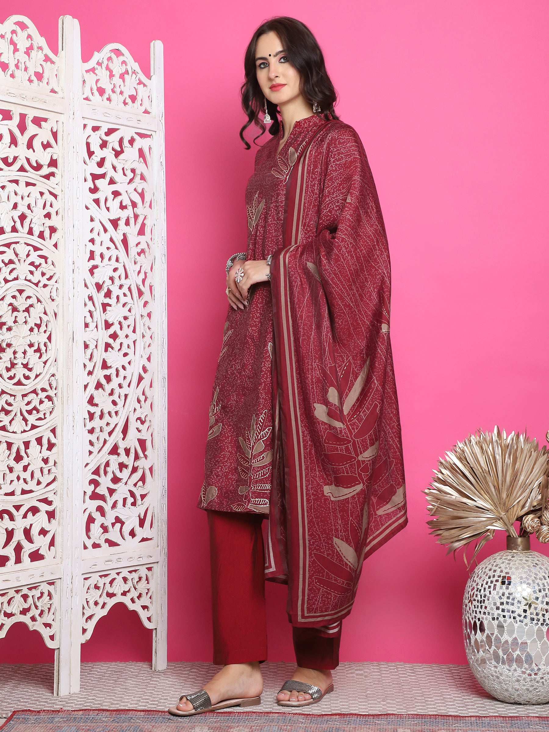 Jyoti Fashion Women's Maroon Muslin Floral Print with Jari & Crystal work Kurta with Trouser & Dupatta - Distacart