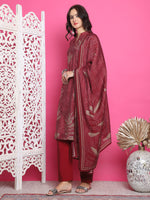 Thumbnail for Jyoti Fashion Women's Maroon Muslin Floral Print with Jari & Crystal work Kurta with Trouser & Dupatta - Distacart
