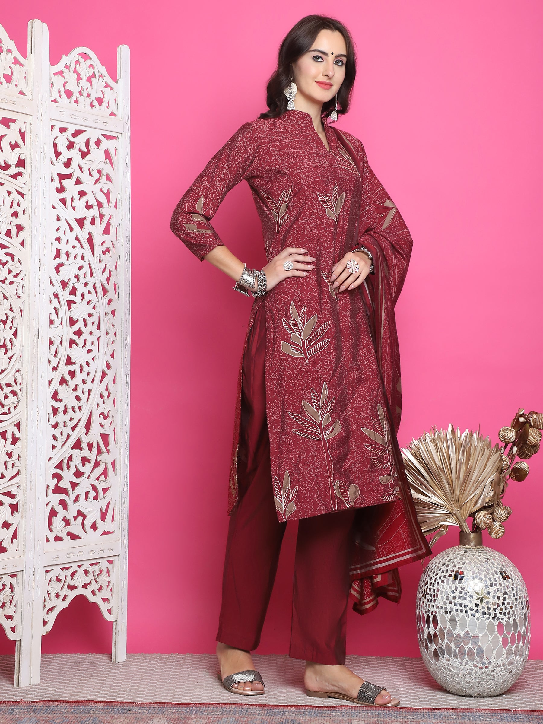 Jyoti Fashion Women's Maroon Muslin Floral Print with Jari & Crystal work Kurta with Trouser & Dupatta - Distacart