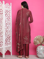 Thumbnail for Jyoti Fashion Women's Maroon Muslin Floral Print with Jari & Crystal work Kurta with Trouser & Dupatta - Distacart