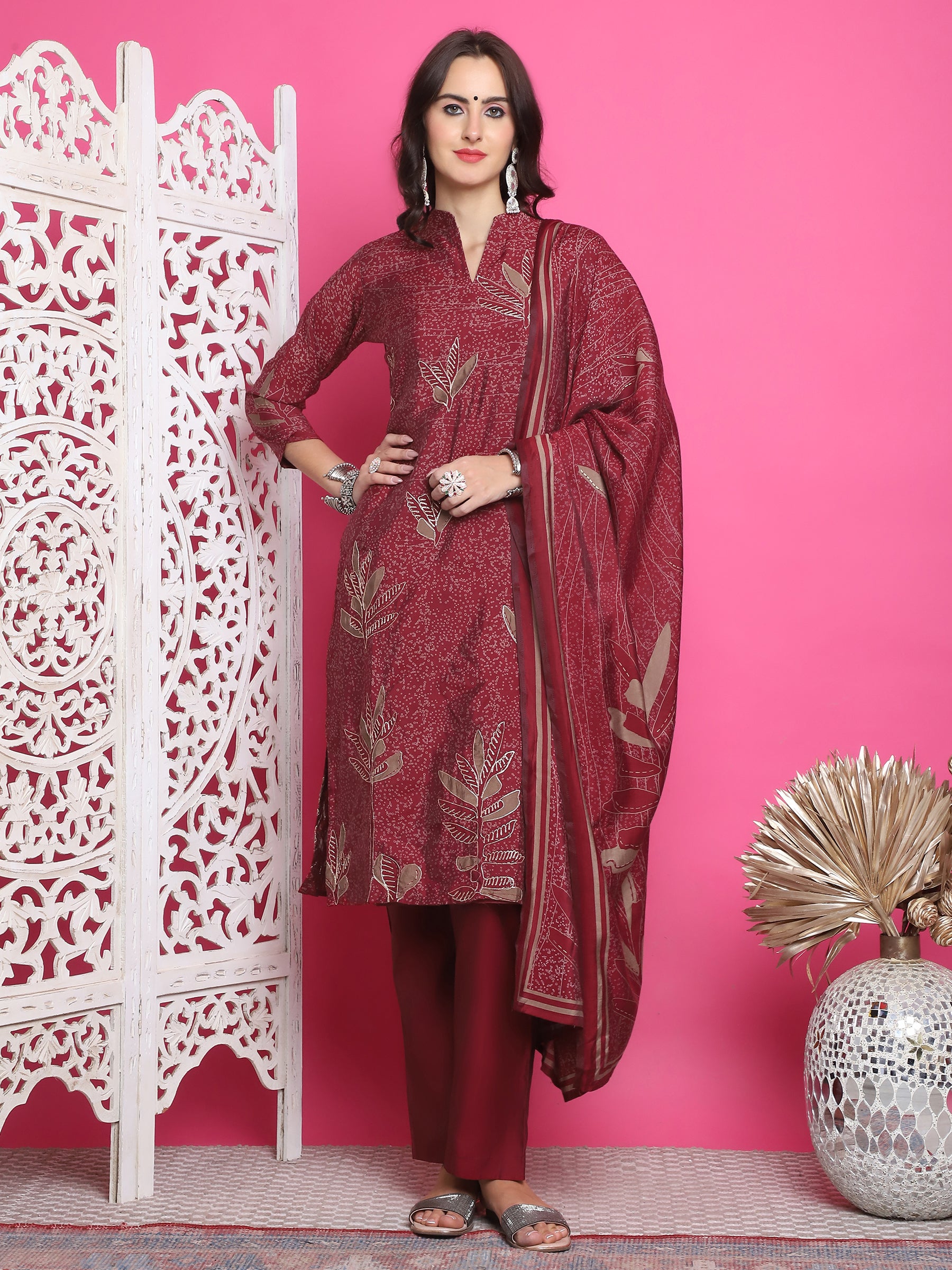 Jyoti Fashion Women's Maroon Muslin Floral Print with Jari & Crystal work Kurta with Trouser & Dupatta - Distacart