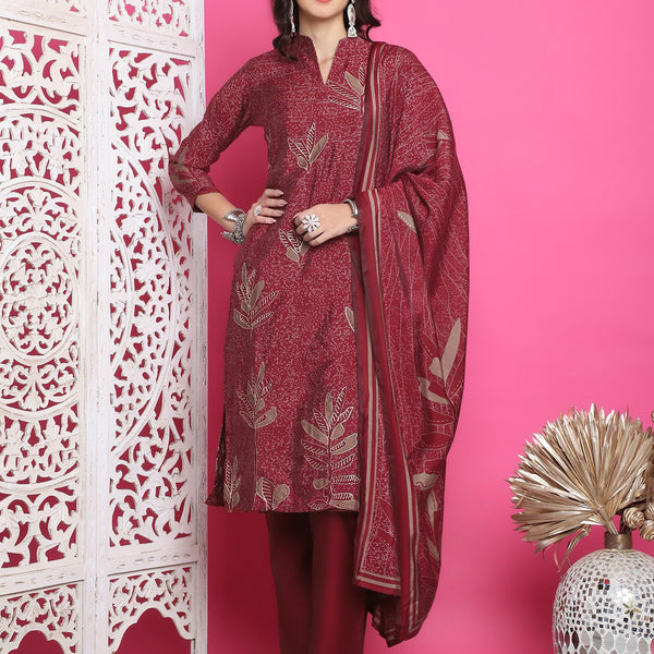Jyoti Fashion Women's Maroon Muslin Floral Print with Jari & Crystal work Kurta with Trouser & Dupatta - Distacart
