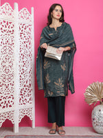Thumbnail for Jyoti Fashion Women's Green Muslin Floral Print with Jari & Crystal work Kurta with Trouser & Dupatta - Distacart