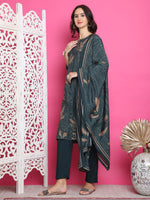 Thumbnail for Jyoti Fashion Women's Green Muslin Floral Print with Jari & Crystal work Kurta with Trouser & Dupatta - Distacart