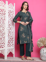 Thumbnail for Jyoti Fashion Women's Green Muslin Floral Print with Jari & Crystal work Kurta with Trouser & Dupatta - Distacart