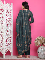 Thumbnail for Jyoti Fashion Women's Green Muslin Floral Print with Jari & Crystal work Kurta with Trouser & Dupatta - Distacart