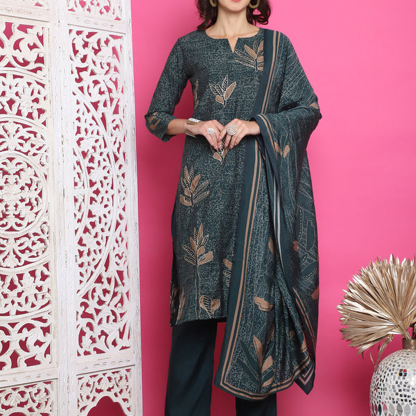 Jyoti Fashion Women's Green Muslin Floral Print with Jari & Crystal work Kurta with Trouser & Dupatta - Distacart