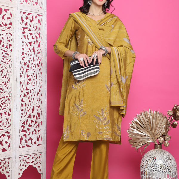 Jyoti Fashion Women's Mustard Muslin Floral Print with Jari & Crystal work Kurta with Trouser & Dupatta - Distacart