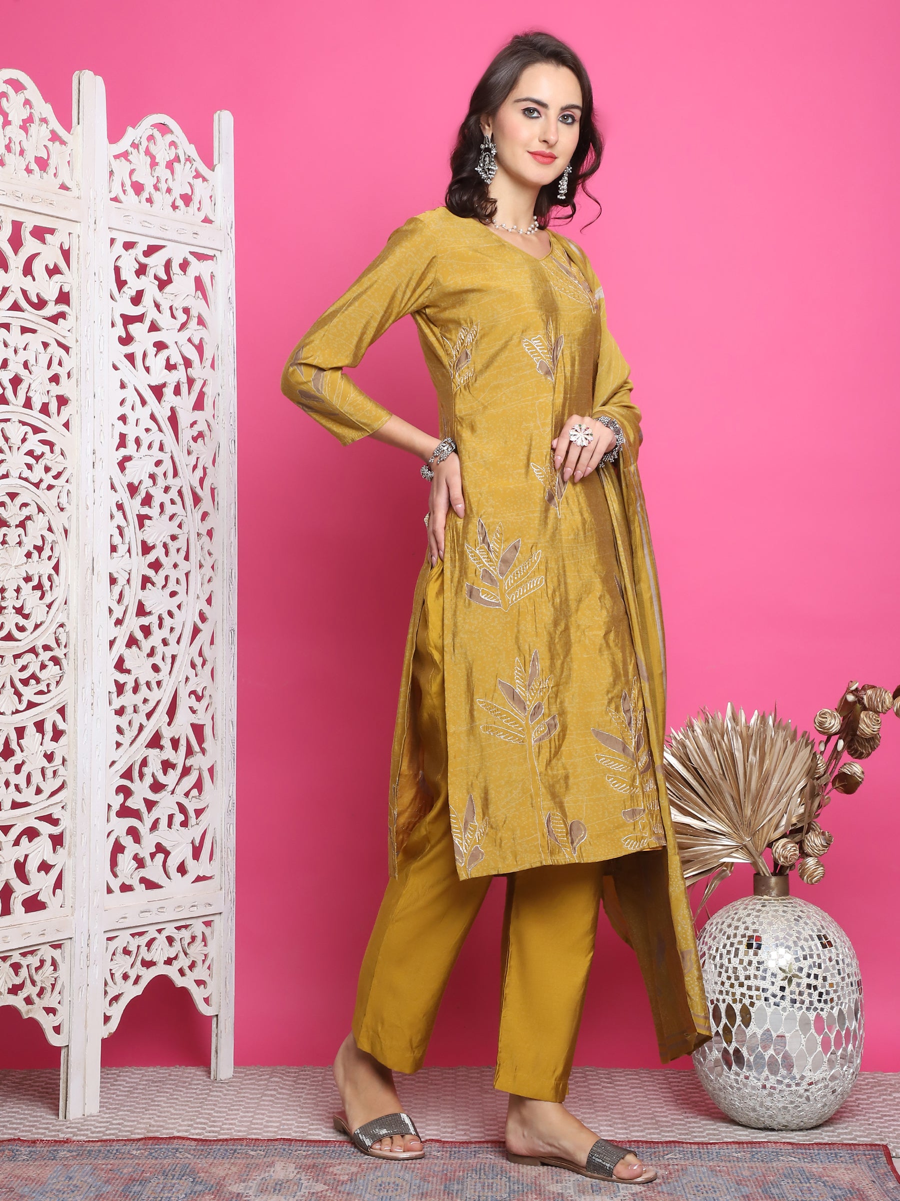 Jyoti Fashion Women's Mustard Muslin Floral Print with Jari & Crystal work Kurta with Trouser & Dupatta - Distacart