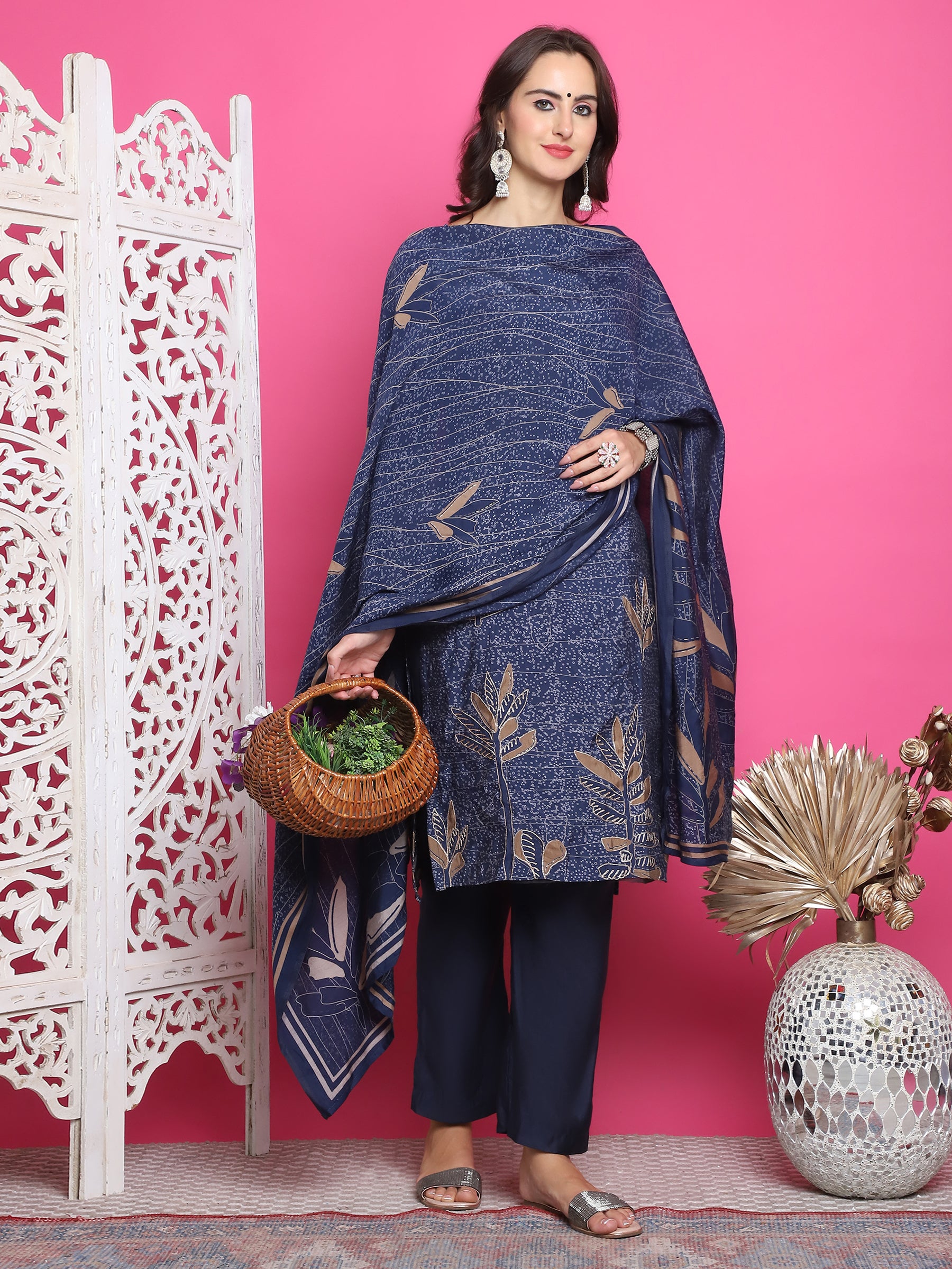 Jyoti Fashion Women's Navy Blue Muslin Floral Print with Jari & Crystal work Kurta with Trouser & Dupatta - Distacart