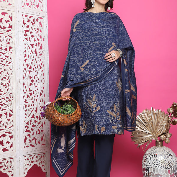 Jyoti Fashion Women's Navy Blue Muslin Floral Print with Jari & Crystal work Kurta with Trouser & Dupatta - Distacart