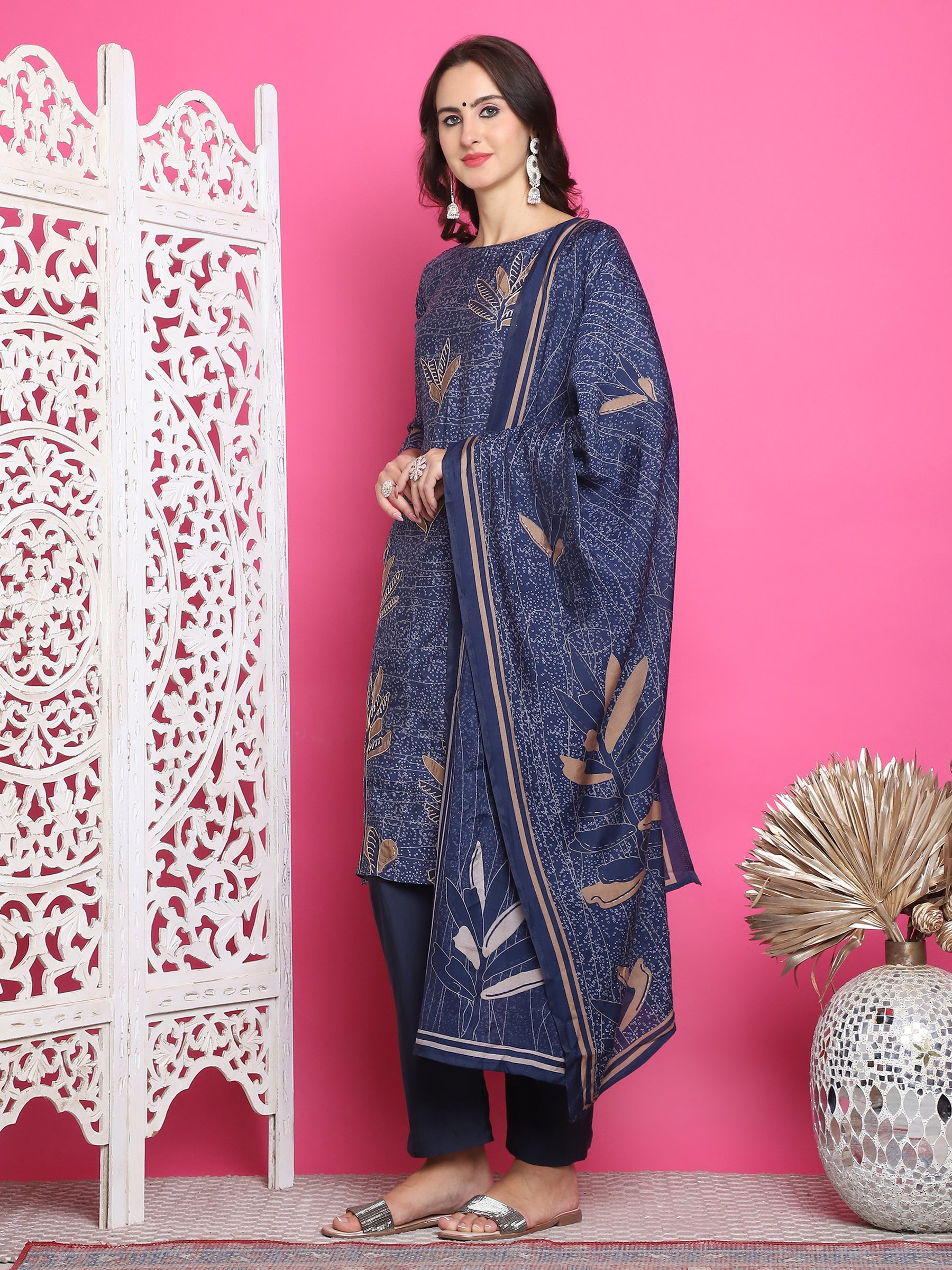 Jyoti Fashion Women's Navy Blue Muslin Floral Print with Jari & Crystal work Kurta with Trouser & Dupatta - Distacart