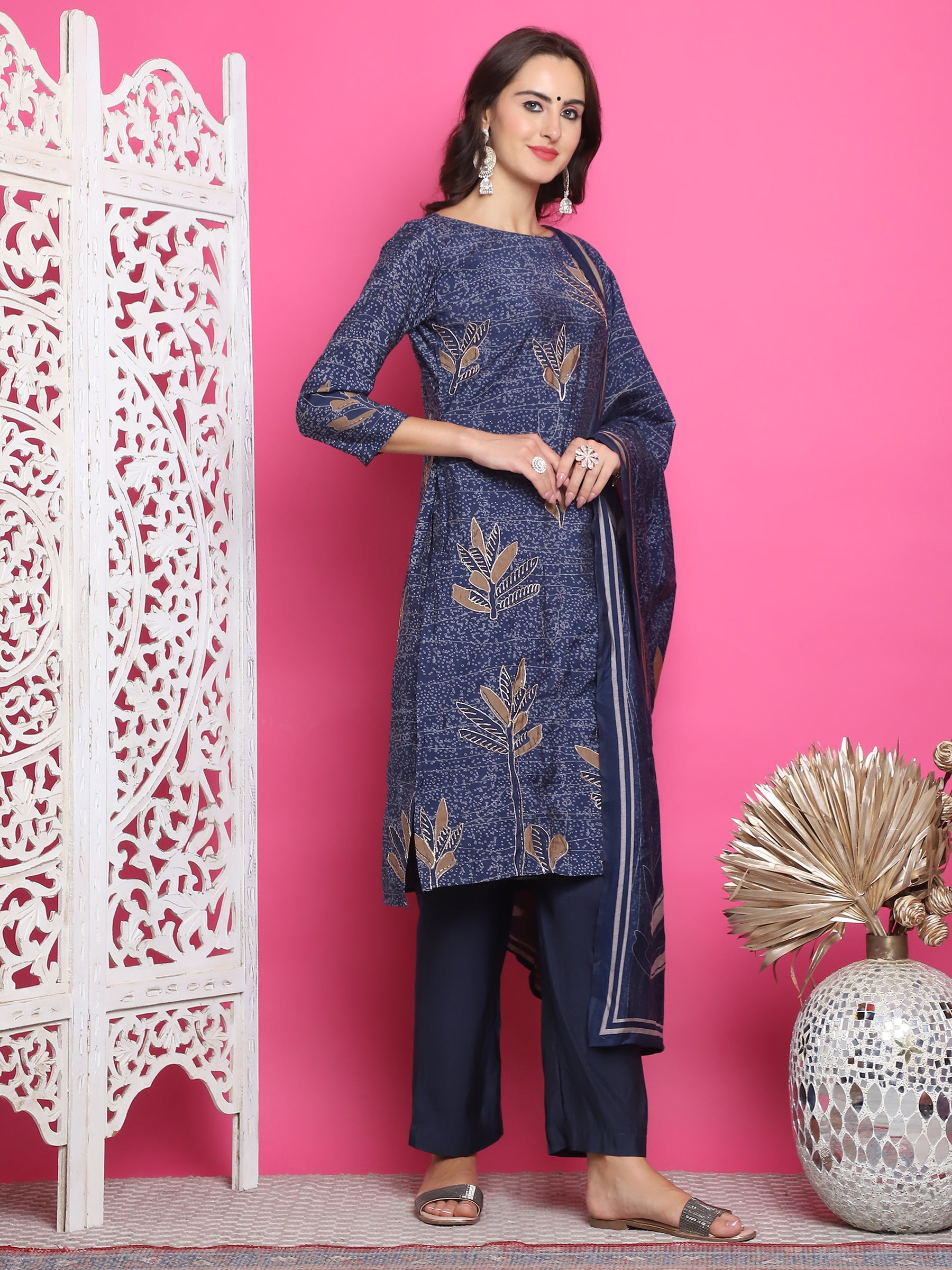 Jyoti Fashion Women's Navy Blue Muslin Floral Print with Jari & Crystal work Kurta with Trouser & Dupatta - Distacart
