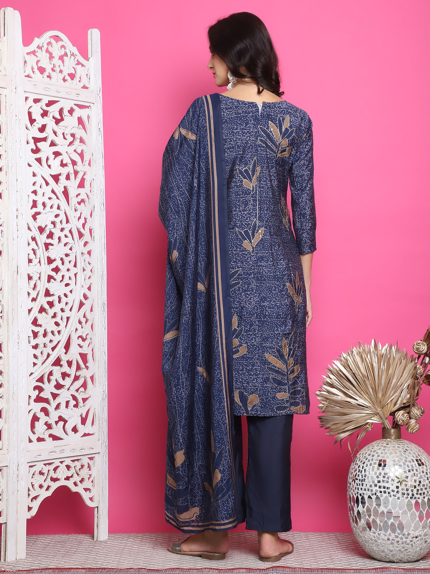 Jyoti Fashion Women's Navy Blue Muslin Floral Print with Jari & Crystal work Kurta with Trouser & Dupatta - Distacart