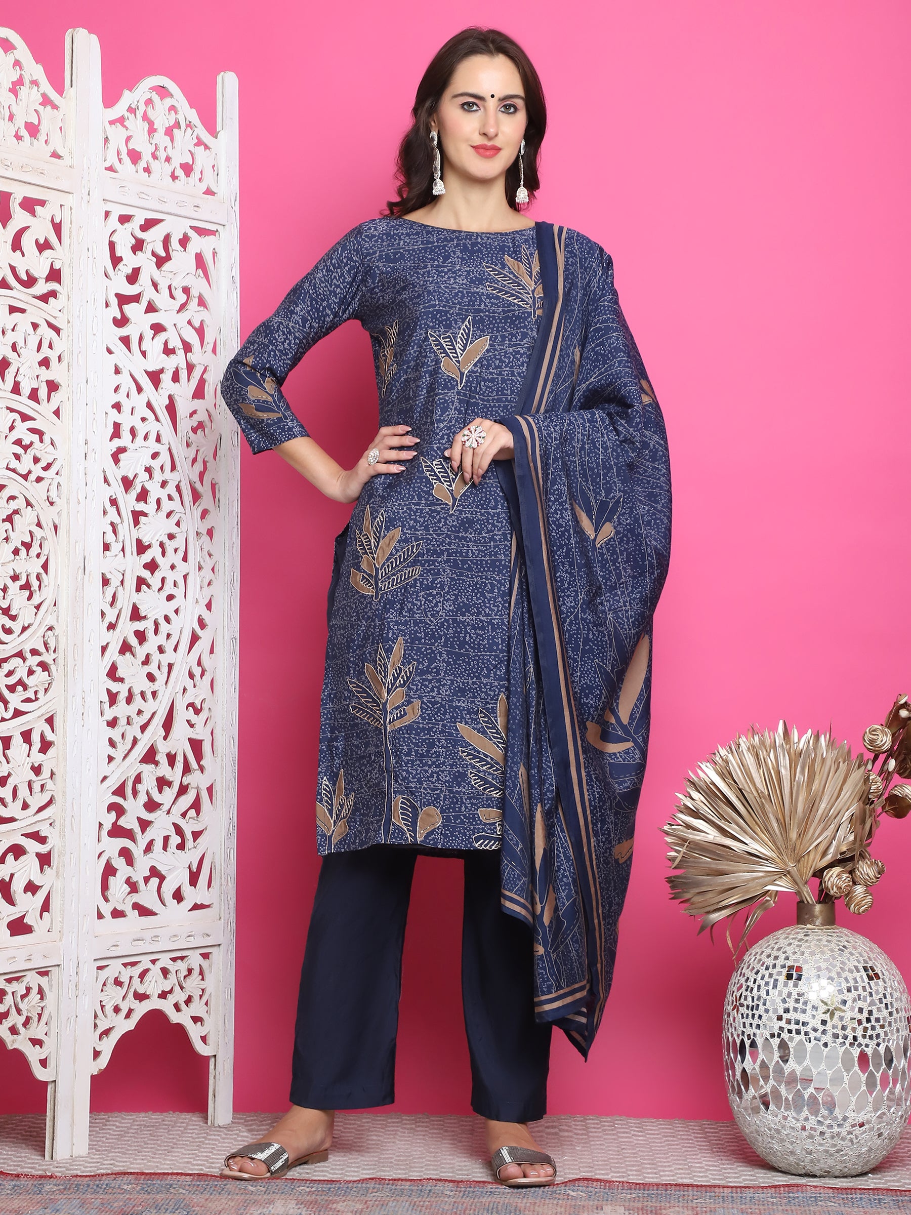 Jyoti Fashion Women's Navy Blue Muslin Floral Print with Jari & Crystal work Kurta with Trouser & Dupatta - Distacart