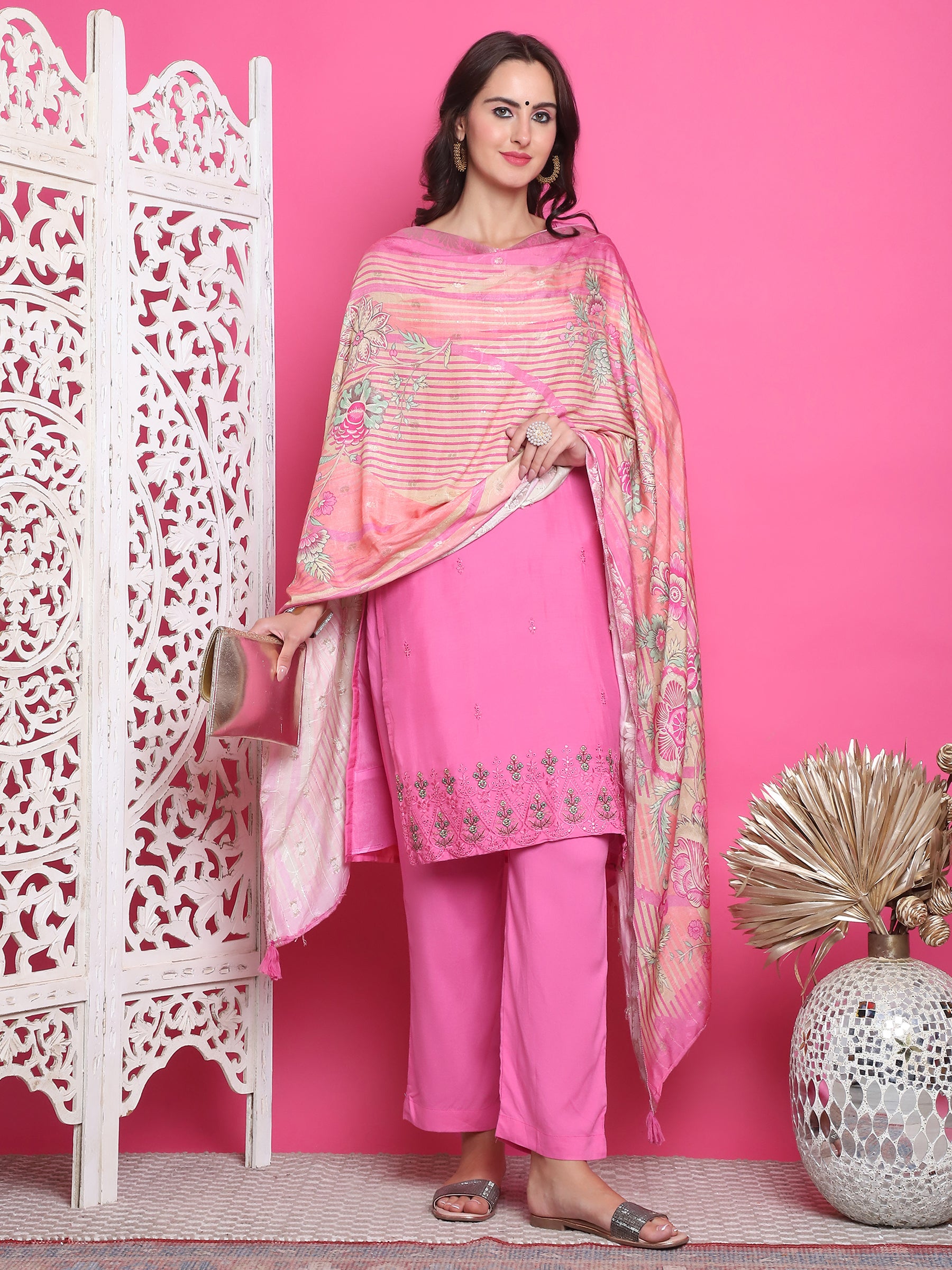 Jyoti Fashion Women's Pink Muslin Floral Resham Embroidery Kurta with Trouser & Dupatta - Distacart