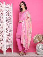 Thumbnail for Jyoti Fashion Women's Pink Muslin Floral Resham Embroidery Kurta with Trouser & Dupatta - Distacart