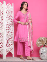 Thumbnail for Jyoti Fashion Women's Pink Muslin Floral Resham Embroidery Kurta with Trouser & Dupatta - Distacart