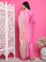 Thumbnail for Jyoti Fashion Women's Pink Muslin Floral Resham Embroidery Kurta with Trouser & Dupatta - Distacart