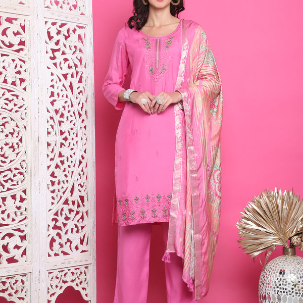 Jyoti Fashion Women's Pink Muslin Floral Resham Embroidery Kurta with Trouser & Dupatta - Distacart