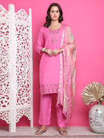 Thumbnail for Jyoti Fashion Women's Pink Muslin Floral Resham Embroidery Kurta with Trouser & Dupatta - Distacart
