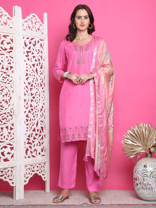 Jyoti Fashion Women's Pink Muslin Floral Resham Embroidery Kurta with Trouser & Dupatta - Distacart