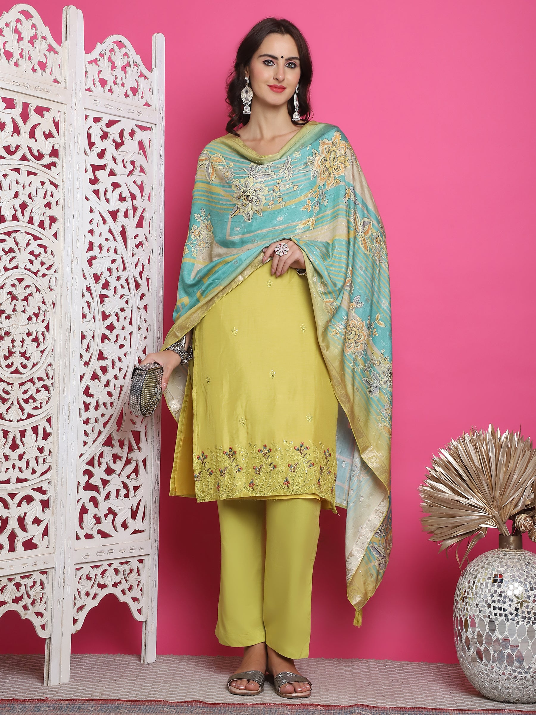 Jyoti Fashion Women's Lemon Yellow Muslin Floral Resham Embroidery Kurta with Trouser & Dupatta - Distacart