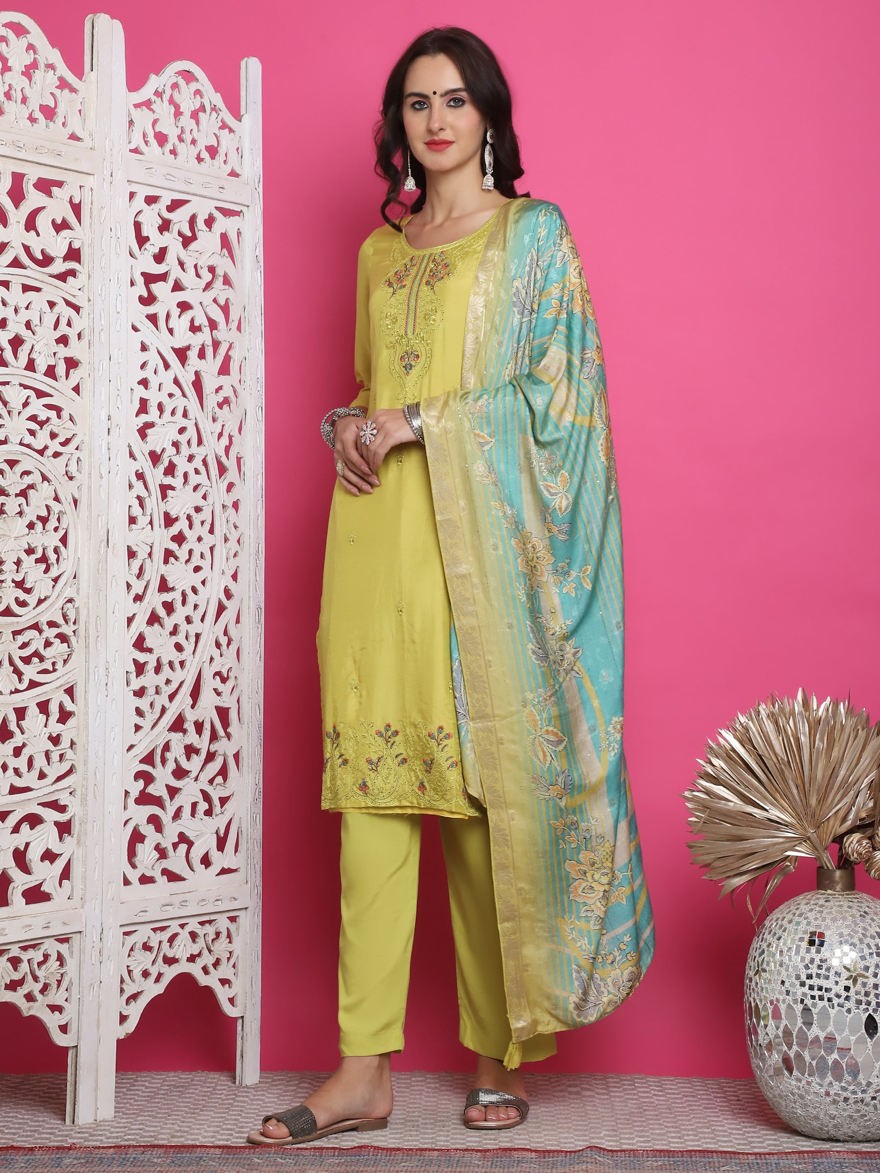 Jyoti Fashion Women's Lemon Yellow Muslin Floral Resham Embroidery Kurta with Trouser & Dupatta - Distacart
