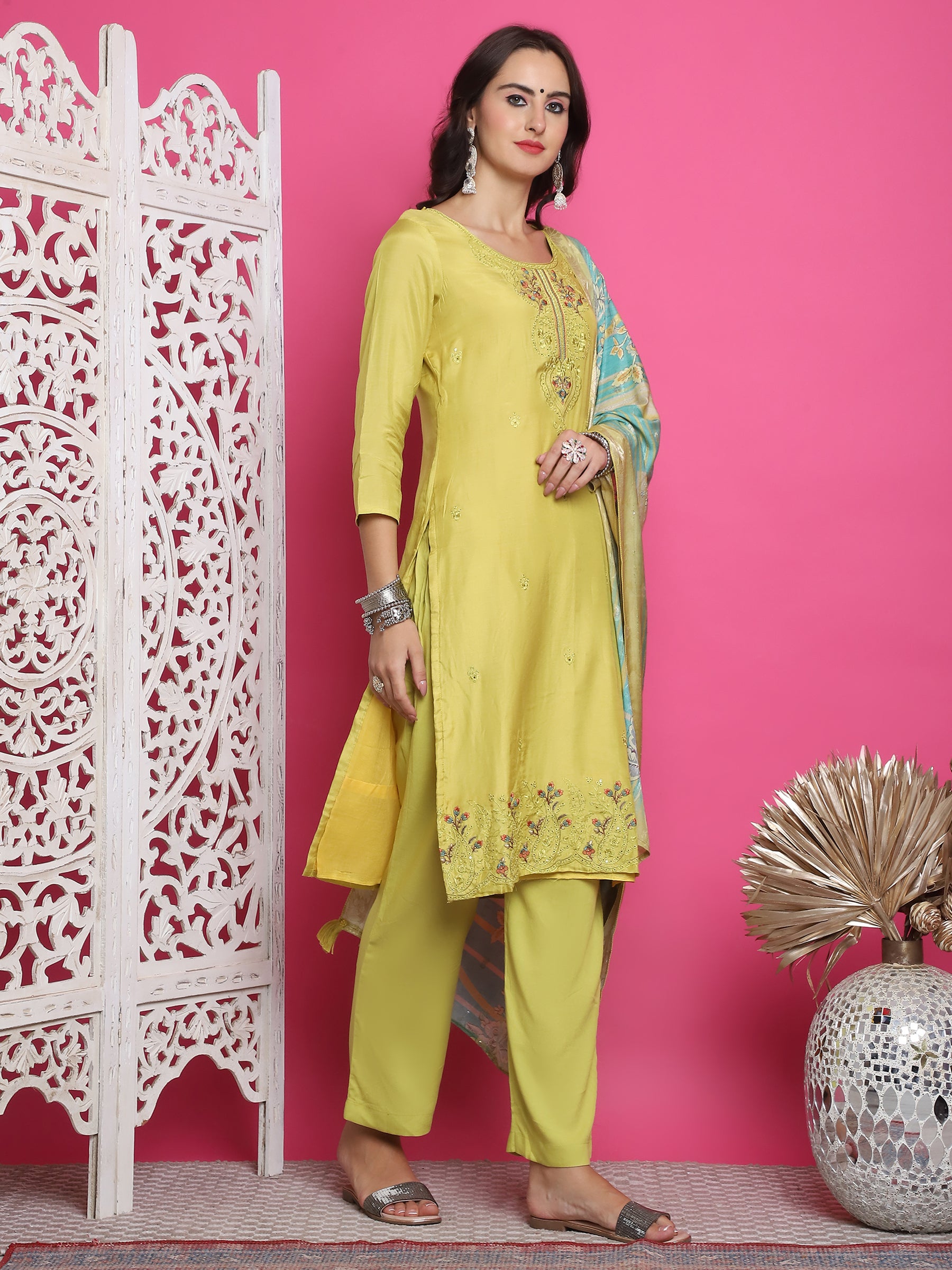Jyoti Fashion Women's Lemon Yellow Muslin Floral Resham Embroidery Kurta with Trouser & Dupatta - Distacart