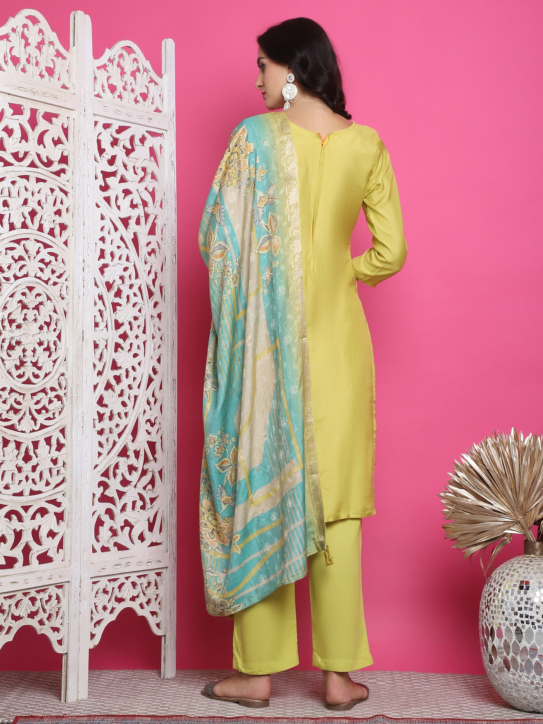 Jyoti Fashion Women's Lemon Yellow Muslin Floral Resham Embroidery Kurta with Trouser & Dupatta - Distacart