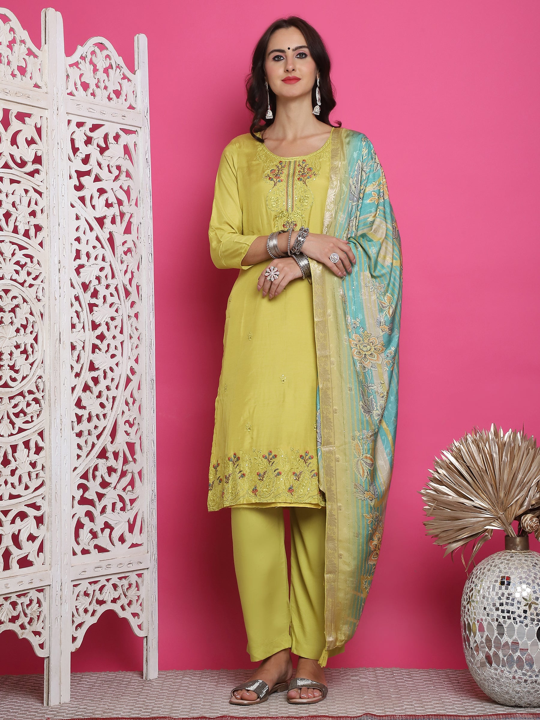 Jyoti Fashion Women's Lemon Yellow Muslin Floral Resham Embroidery Kurta with Trouser & Dupatta - Distacart