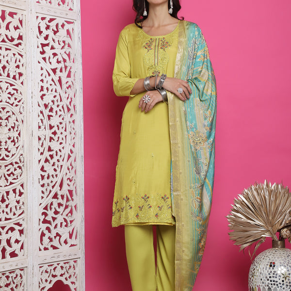 Jyoti Fashion Women's Lemon Yellow Muslin Floral Resham Embroidery Kurta with Trouser & Dupatta - Distacart