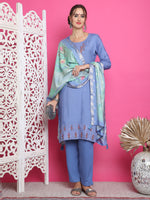 Thumbnail for Jyoti Fashion Women's Blue Muslin Floral Resham Embroidery Kurta with Trouser & Dupatta - Distacart
