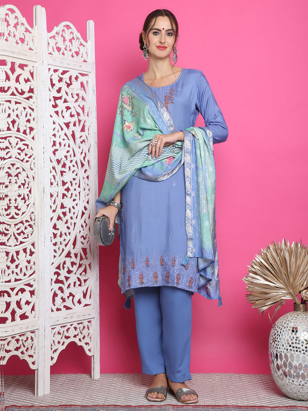 Jyoti Fashion Women's Blue Muslin Floral Resham Embroidery Kurta with Trouser & Dupatta - Distacart