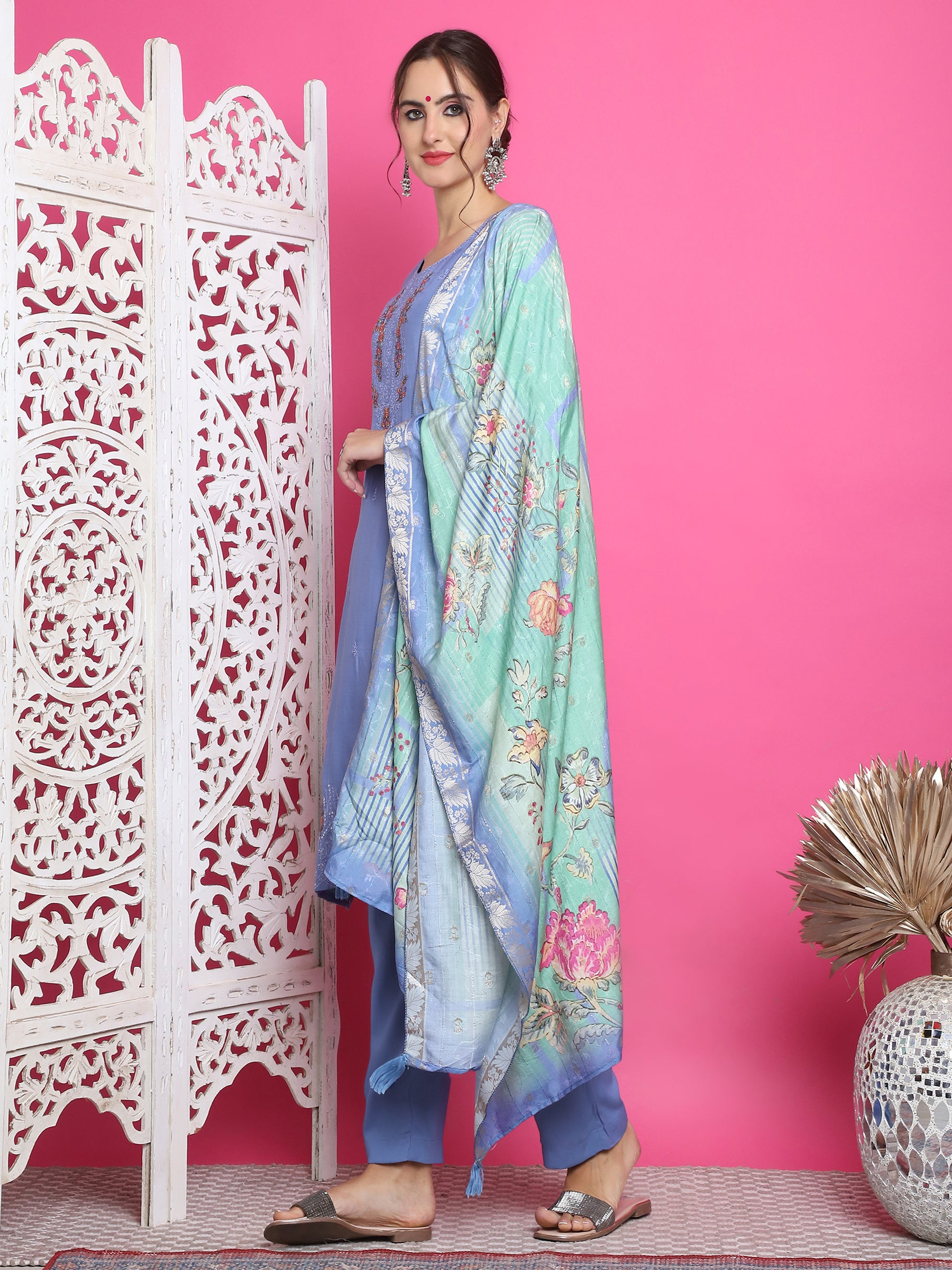 Jyoti Fashion Women's Blue Muslin Floral Resham Embroidery Kurta with Trouser & Dupatta - Distacart