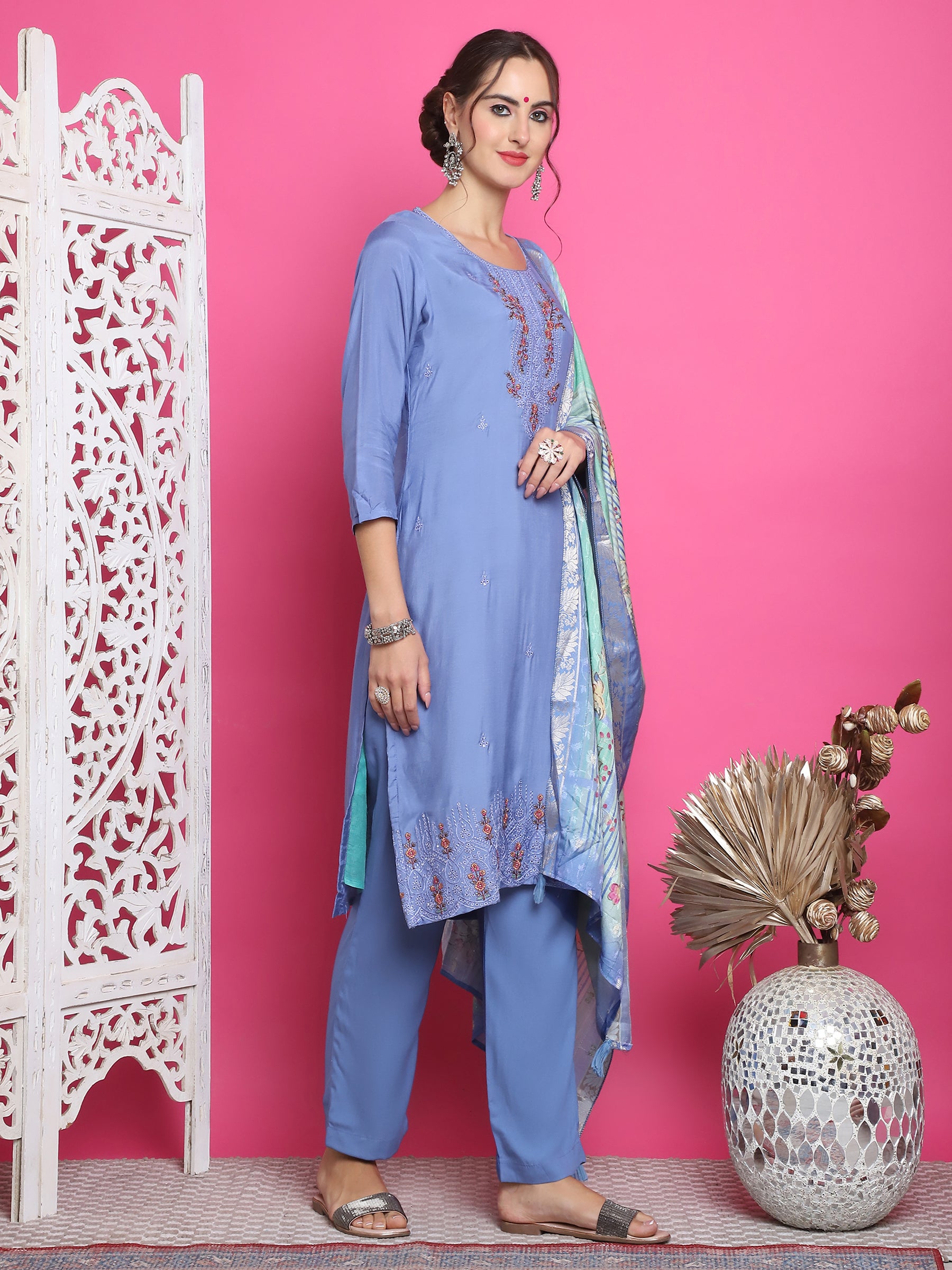 Jyoti Fashion Women's Blue Muslin Floral Resham Embroidery Kurta with Trouser & Dupatta - Distacart