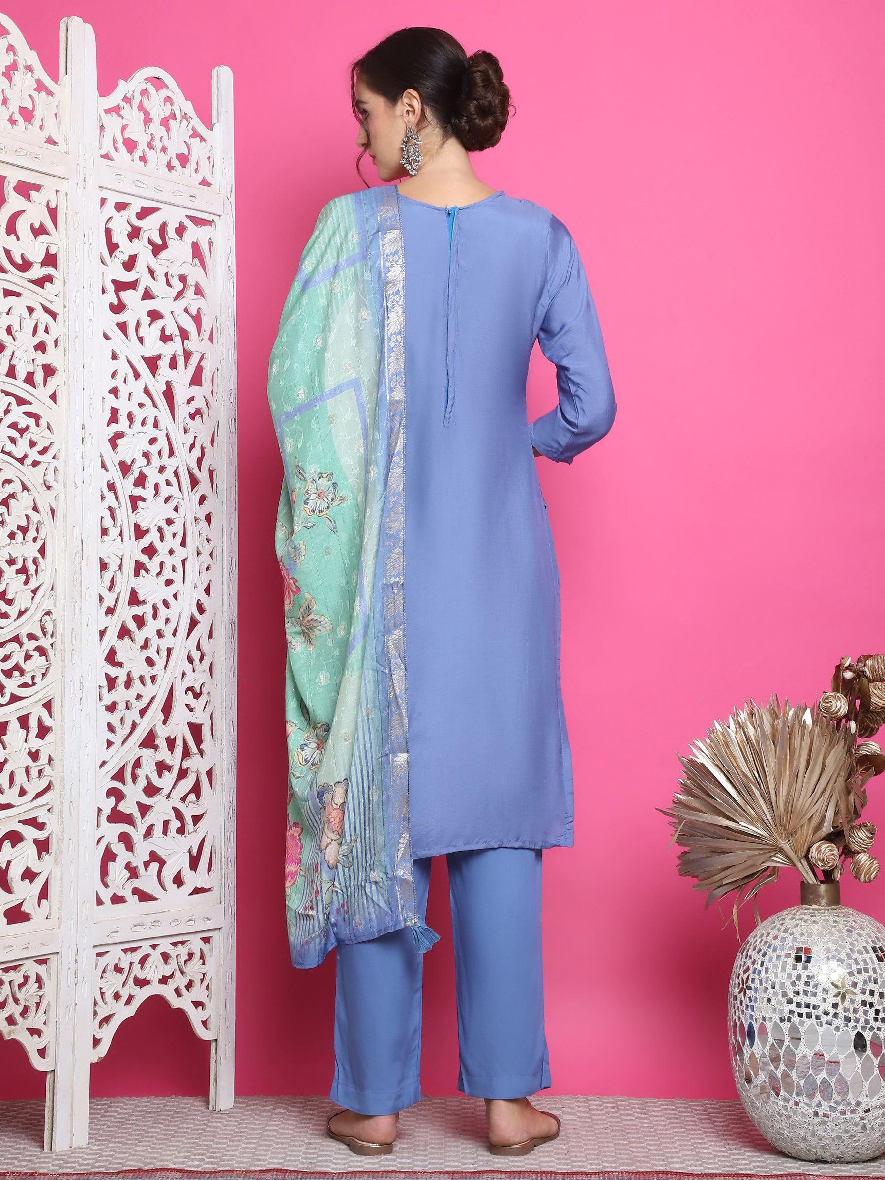Jyoti Fashion Women's Blue Muslin Floral Resham Embroidery Kurta with Trouser & Dupatta - Distacart