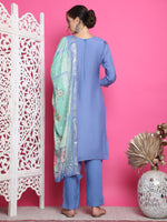 Thumbnail for Jyoti Fashion Women's Blue Muslin Floral Resham Embroidery Kurta with Trouser & Dupatta - Distacart