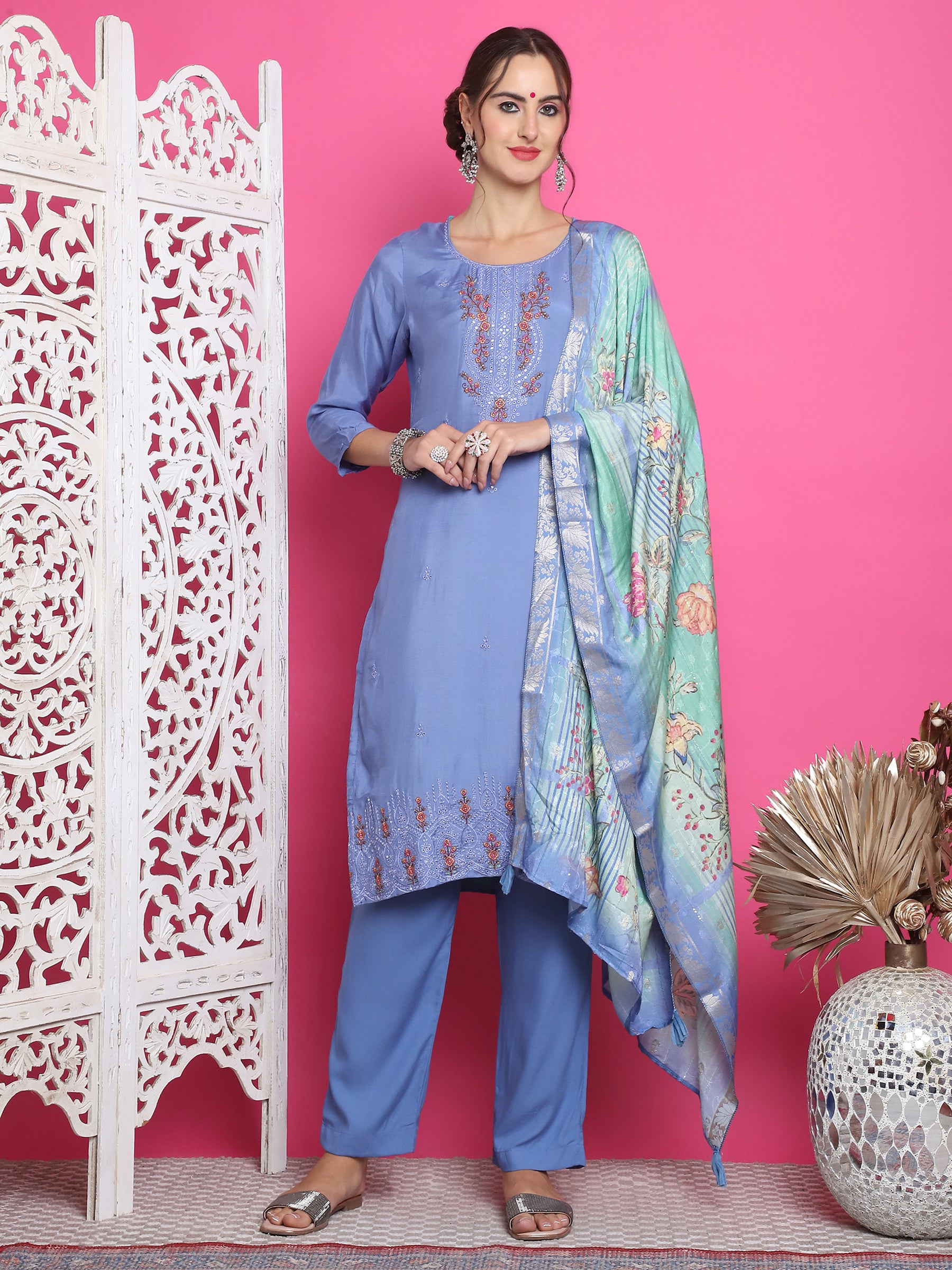 Jyoti Fashion Women's Blue Muslin Floral Resham Embroidery Kurta with Trouser & Dupatta - Distacart