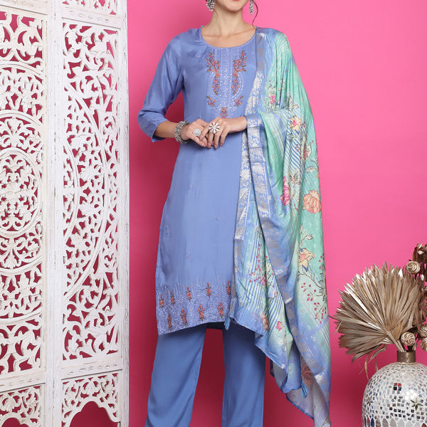 Jyoti Fashion Women's Blue Muslin Floral Resham Embroidery Kurta with Trouser & Dupatta - Distacart