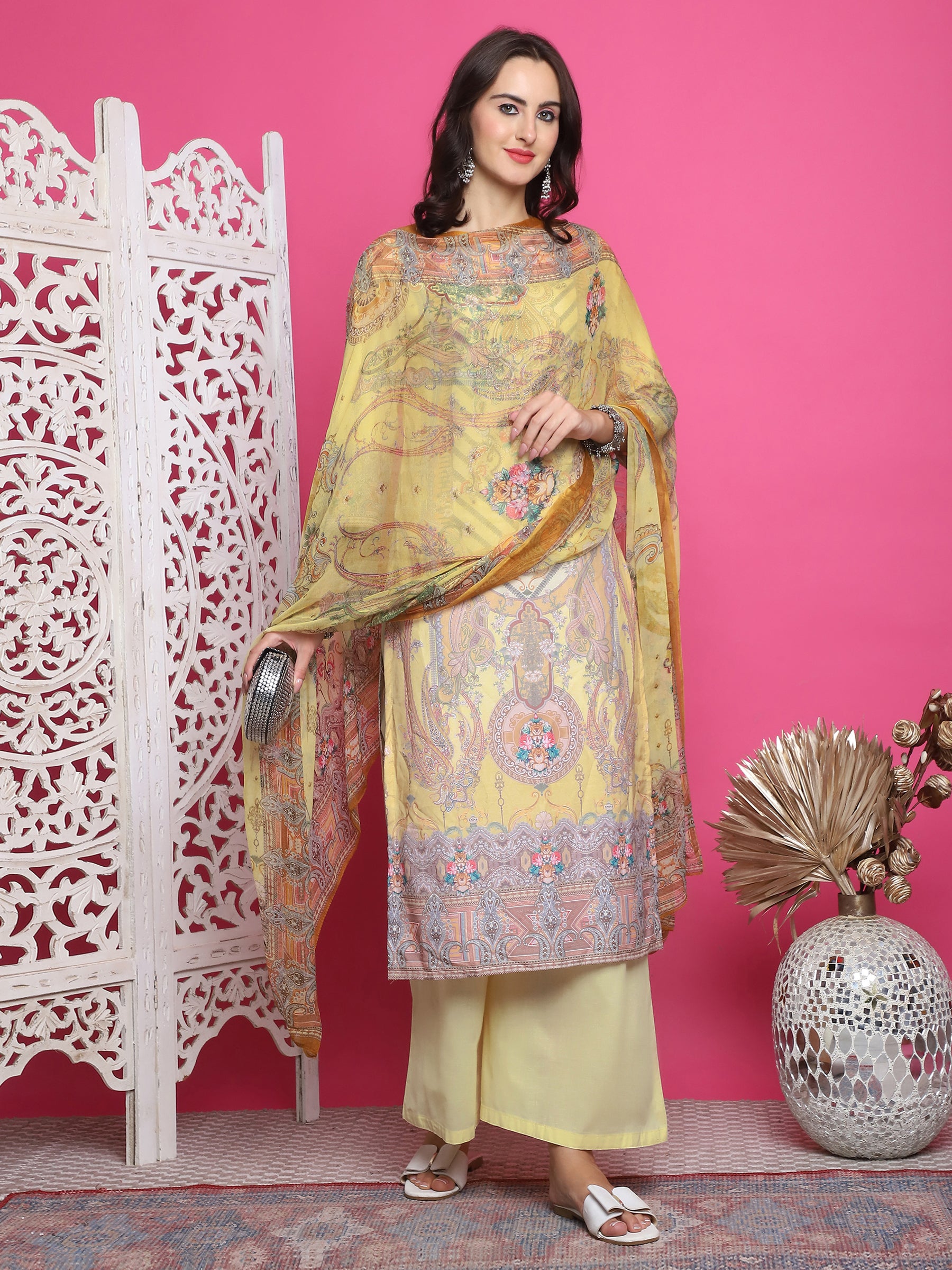 Jyoti Fashion Women's Yellow Satin Traditional Digital Print with Crystal work Kurta with Trouser & Dupatta - Distacart