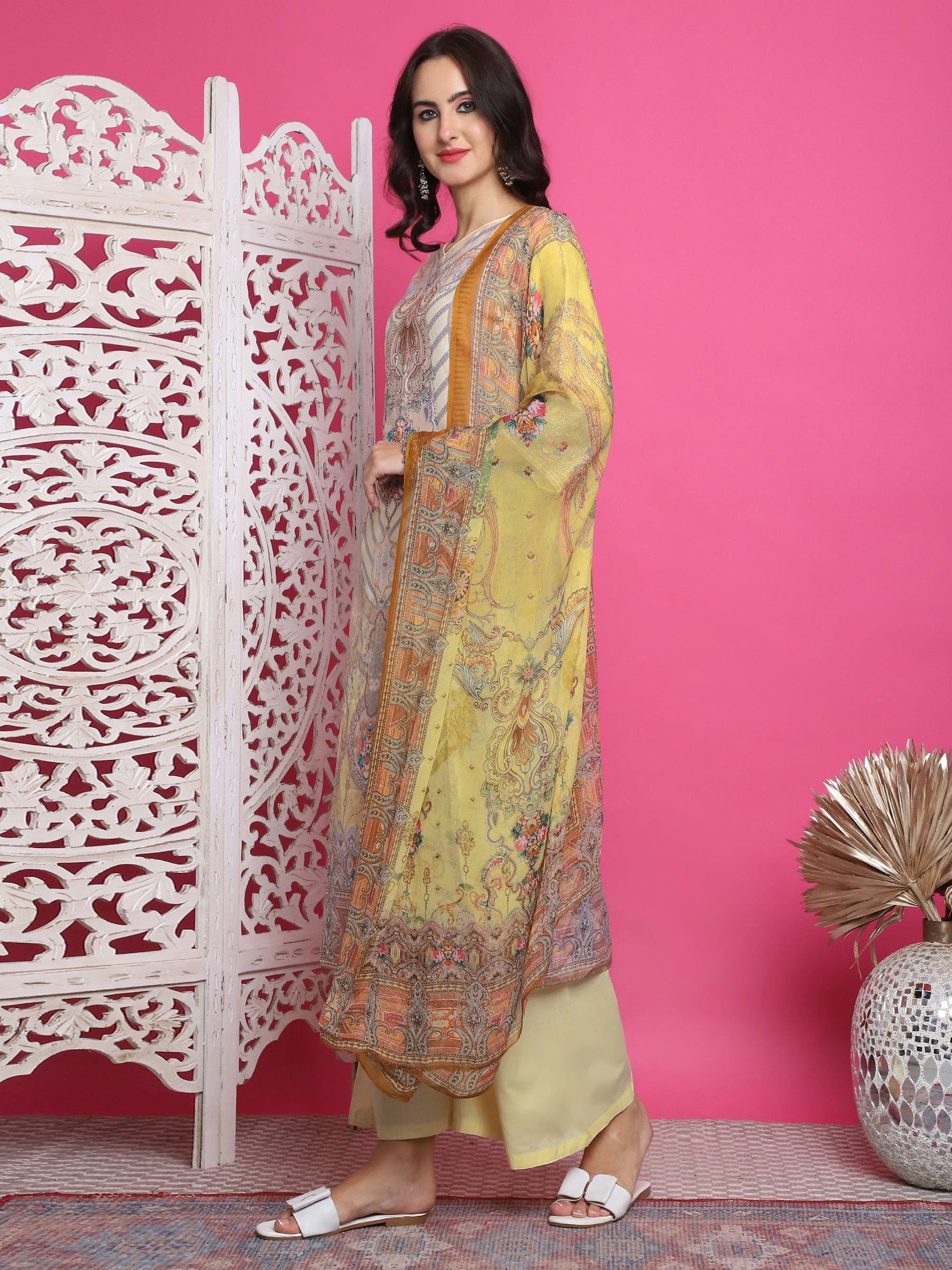 Jyoti Fashion Women's Yellow Satin Traditional Digital Print with Crystal work Kurta with Trouser & Dupatta - Distacart