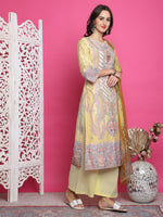 Thumbnail for Jyoti Fashion Women's Yellow Satin Traditional Digital Print with Crystal work Kurta with Trouser & Dupatta - Distacart