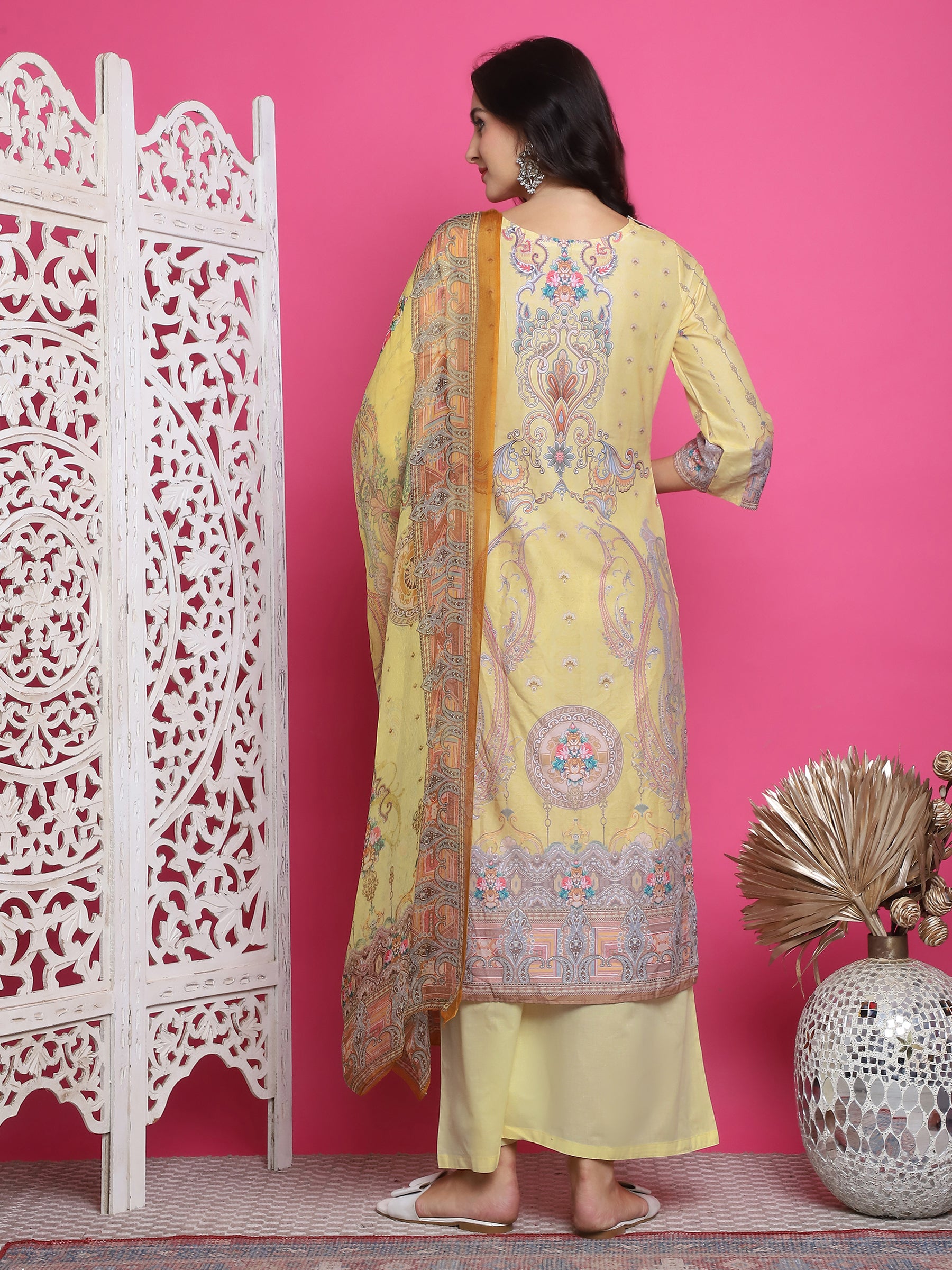 Jyoti Fashion Women's Yellow Satin Traditional Digital Print with Crystal work Kurta with Trouser & Dupatta - Distacart