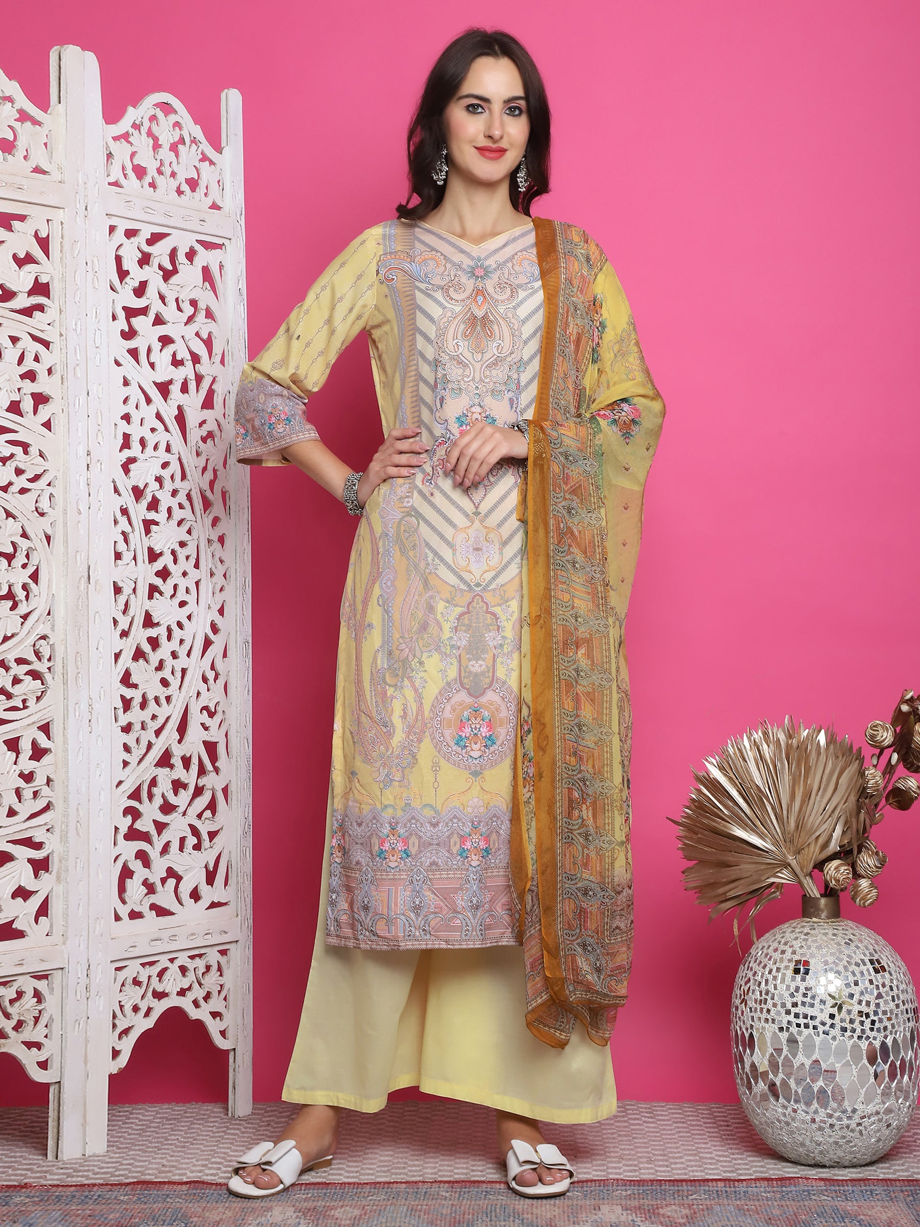 Jyoti Fashion Women's Yellow Satin Traditional Digital Print with Crystal work Kurta with Trouser & Dupatta - Distacart