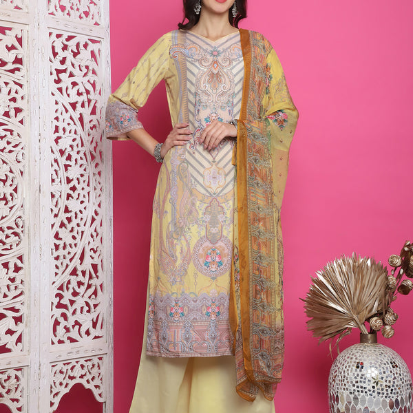 Jyoti Fashion Women's Yellow Satin Traditional Digital Print with Crystal work Kurta with Trouser & Dupatta - Distacart