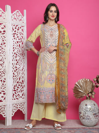 Jyoti Fashion Women's Yellow Satin Traditional Digital Print with Crystal work Kurta with Trouser & Dupatta - Distacart